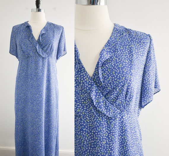 1990s Blue Floral Bias Maxi Dress - image 1