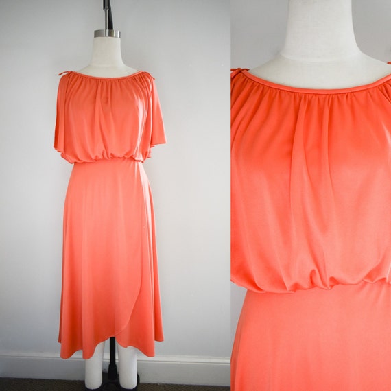 1970s Coral Draped Knit Midi Dress - image 1