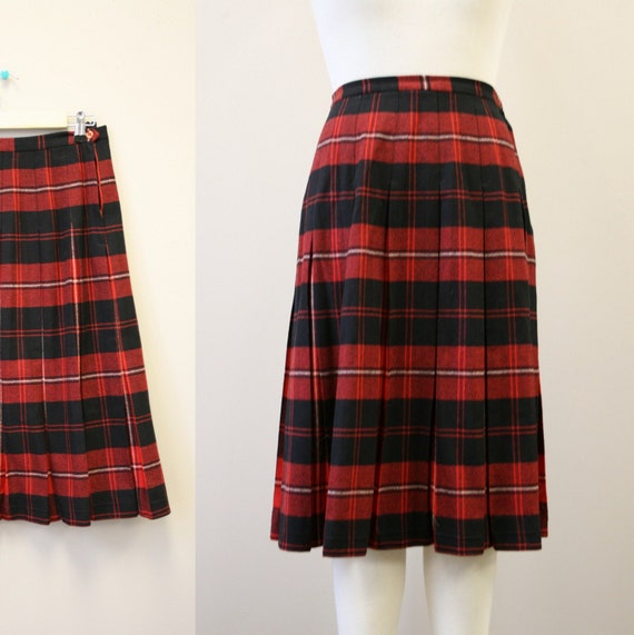 1960s Red and Black Plaid Wool Pleated Skirt