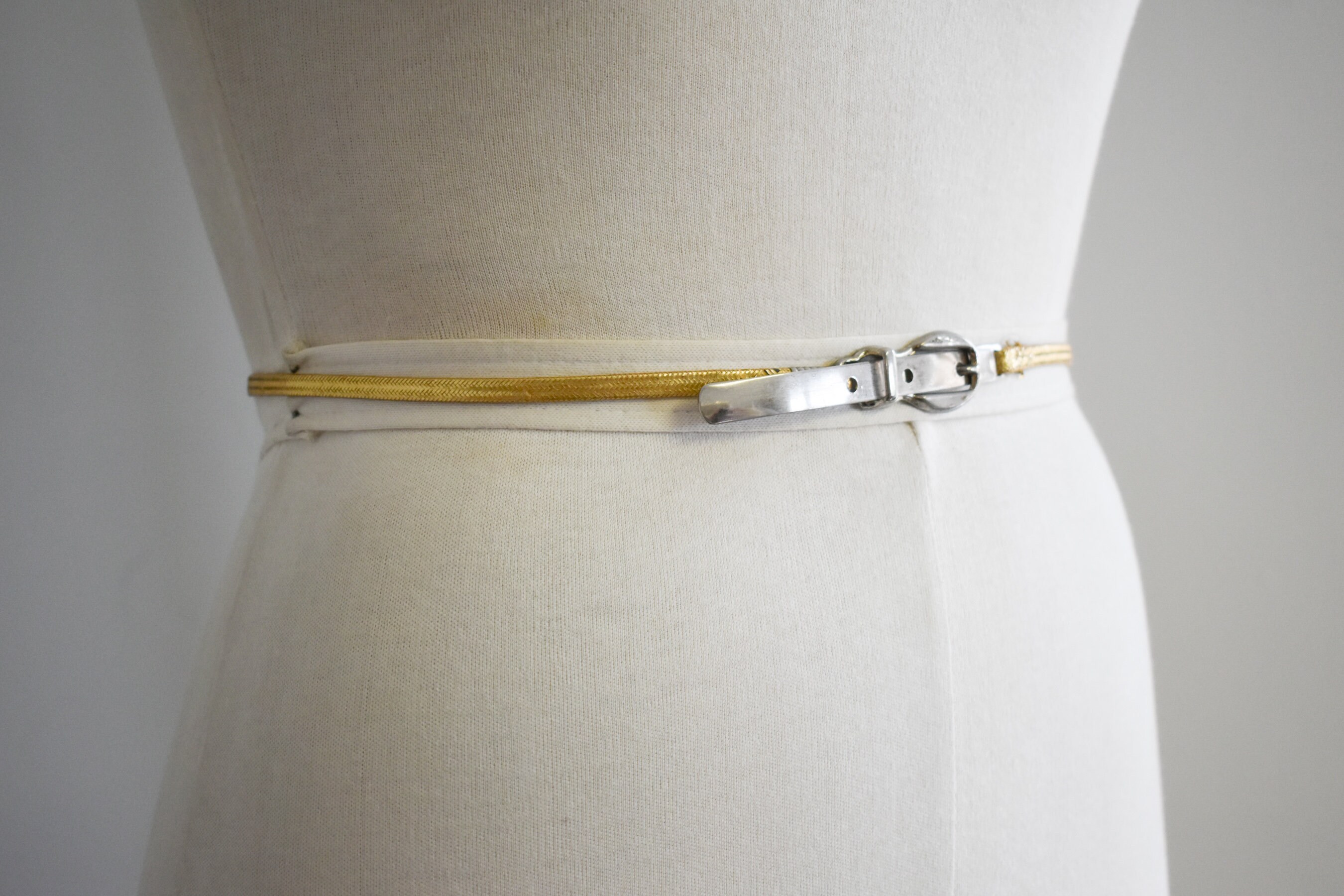 Vintage 70s Goldtone Thin Stretch Waist Belt with Grid Buckle Vintage 70s 80s boho hippie metal mesh stretch belt - shabbybabe main image 4