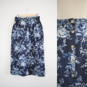 1980s Floral Denim Midi Skirt image 1