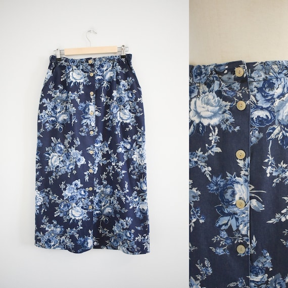 1980s Floral Denim Midi Skirt