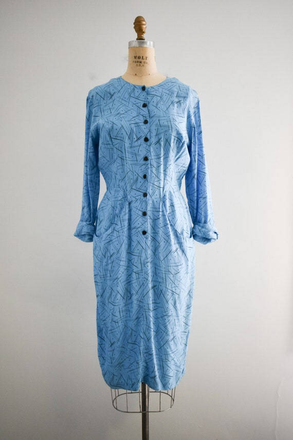 1980s-does-1940s Blue Rayon Dress - image 3