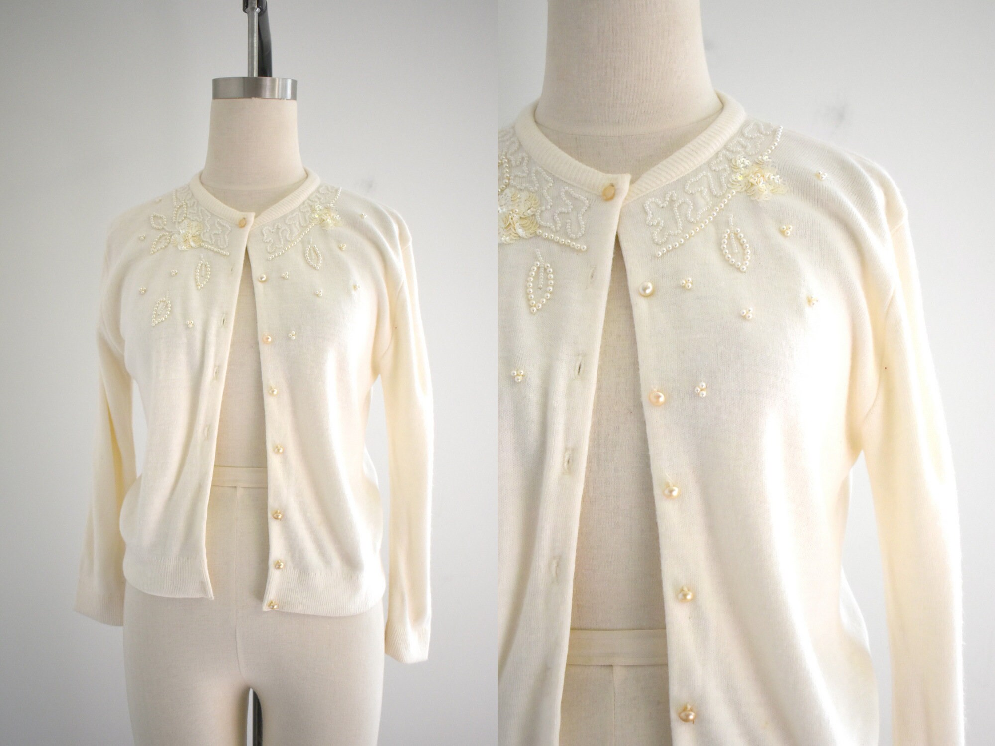 1960s Cream Beaded Cardigan - Etsy Ireland