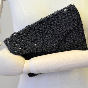 1960s Bag by Debbie Black Satin Beaded Clutch