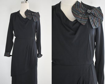 1940s Packard Black Rayon Crepe Dress with Plaid Taffeta Bow Accent