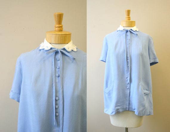 1950s Helene Scott Blue Linen Maternity Blouse