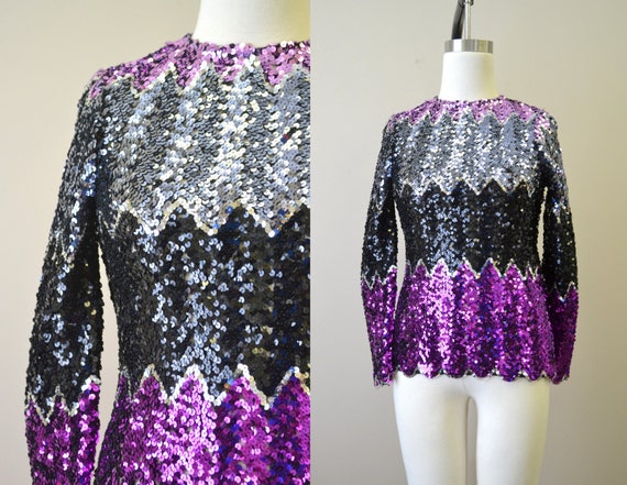 1970s Chevron Stripes Sequined Top