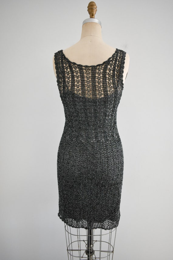 1990s Black and Silver Beaded Crochet Dress - image 5
