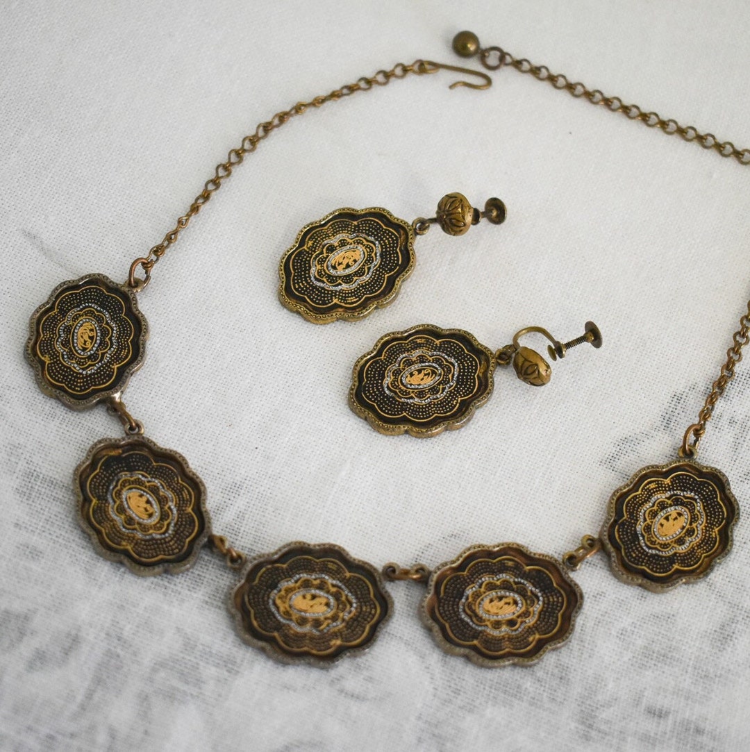 1950s Damascene Style Link Necklace and Dangle Earrings - Etsy