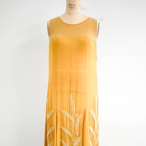 1920s Mustard Chiffon Beaded Flapper Dress