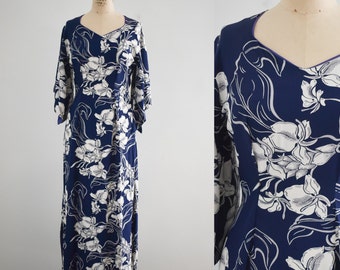 1940s Hawaiian Casuals Navy Orchid Print Rayon Pake Muu