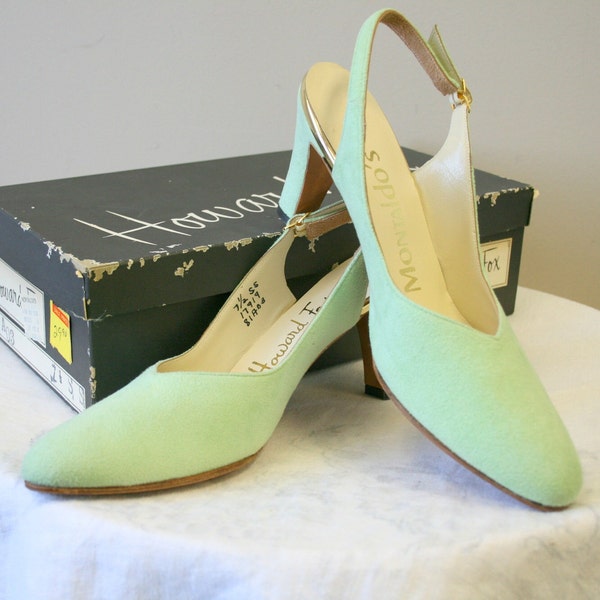 1960s Howard Fox Mint Green Suede Slingbacks, Size 7.5SS