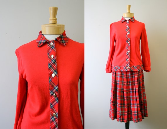 1950s Sporteens Red Plaid Wool Knit Shirt and Plea