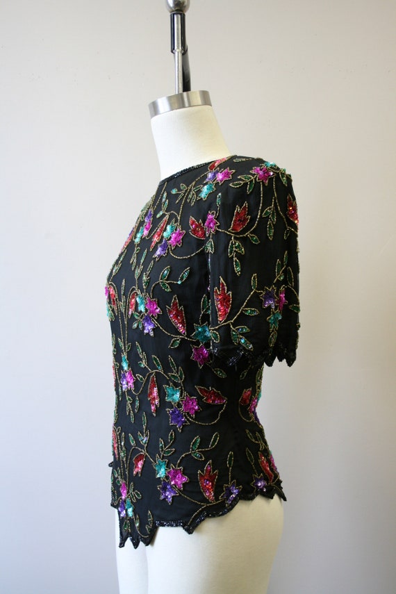 1980s Laurence Kazar Floral Sequin and Bead Blouse - image 5