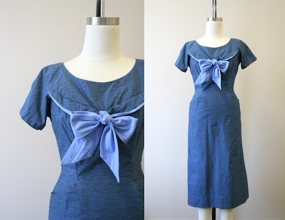1950s Blue Bow Wiggle Dress