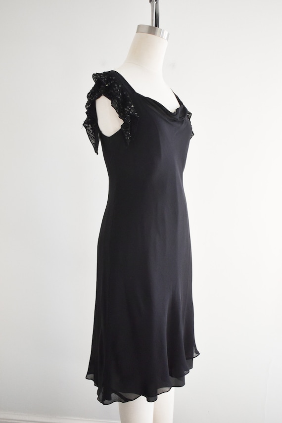 1990s Black Silk Chiffon Dress with Sequin Flutte… - image 5