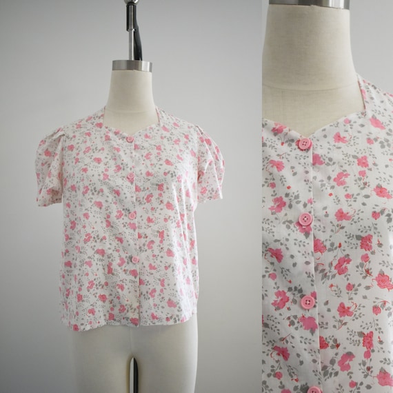 1960s Pink Floral Print Blouse - image 1