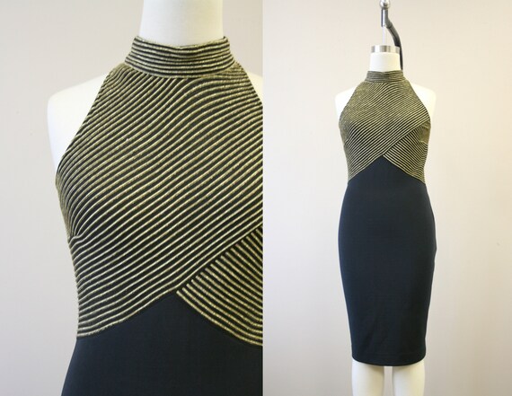1980s Black and Metallic Gold Body Con Dress