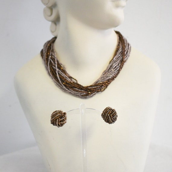 1950s Seed Bead Necklace and Knot Screw Back Earr… - image 1