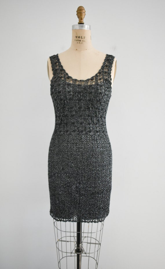 1990s Black and Silver Beaded Crochet Dress - image 2