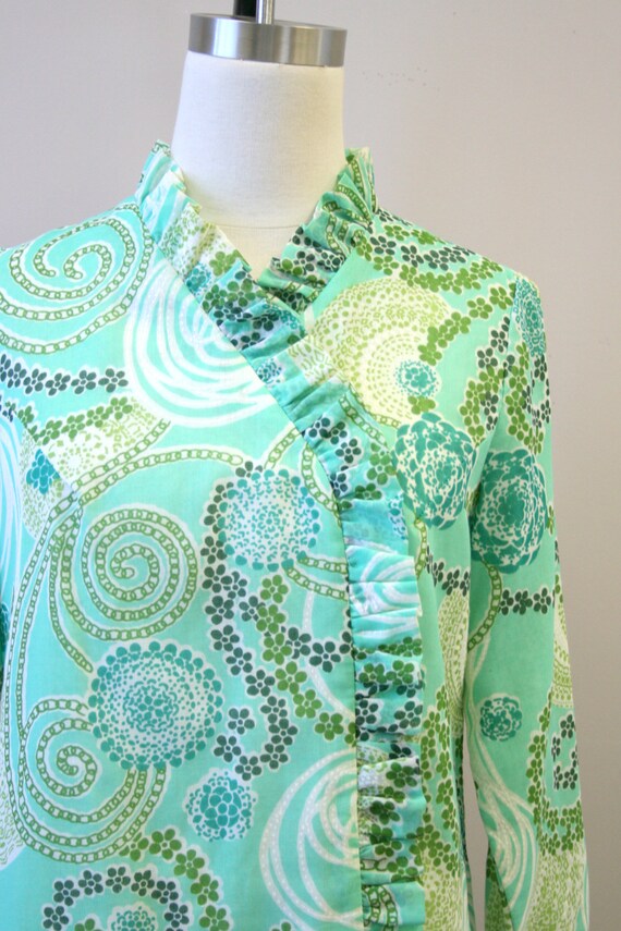 1960s Betty Hartford Green Printed Ruffled Dress - image 3