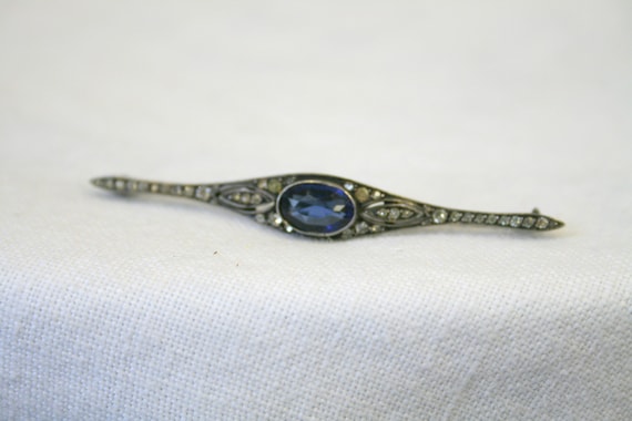 Victorian Sterling Bar Brooch with Blue Stone - image 2