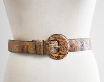 1980s Embossed Pattern Leather Belt