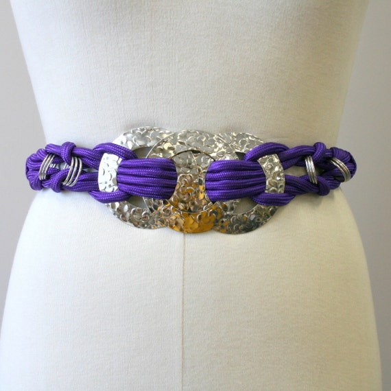 1980s Silver Ring and Purple Cord Belt - image 1