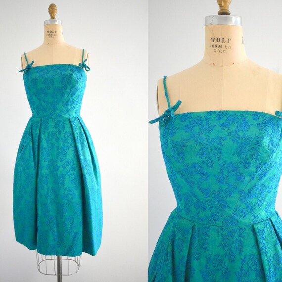 1950s/60s Rappi Green and Blue Brocade Party Dress - image 1
