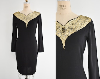 1990s Black Knit Dress with Gold Sequins