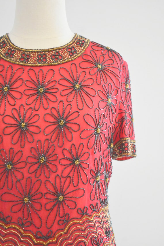 1990s Red Daisy Beaded Blouse - image 3