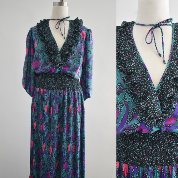 1980s Susan Freis Ruffled Midi Dress - image 1