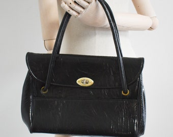 1960s Textured Black Patent Vinyl Handbag