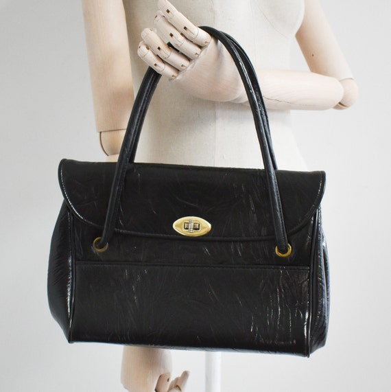 1960s Textured Black Patent Vinyl Handbag