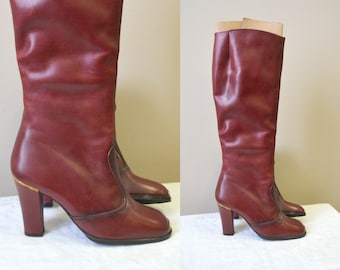 Wood-Heeled Burgundy Side-Zip High Soft Leather Zip-Up Vintage Boots High-Heeled