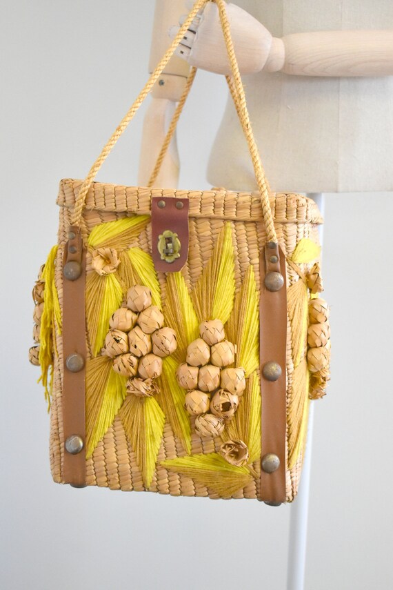 1960s Straw Box Purse with Grapes Design Gem