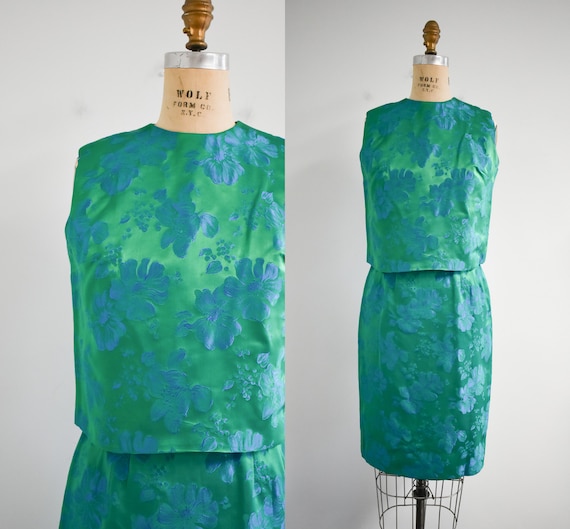 1950s/60s Blue and Green Floral Brocade Two Piece… - image 1
