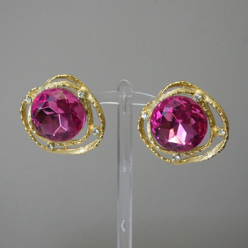 1980s Gemcraft Pink Rhinestone Oversized Clip Earrings image 1