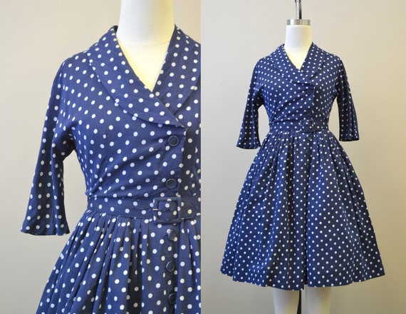 1950s Navy and White Polka Dot Dress
