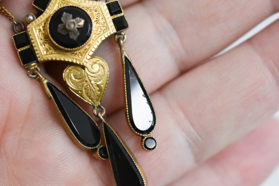 Vintage Black Glass and Gold Pendant and 14K Gold… - image 3