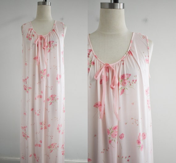 1960s Long Pink Floral Night Gown - image 1