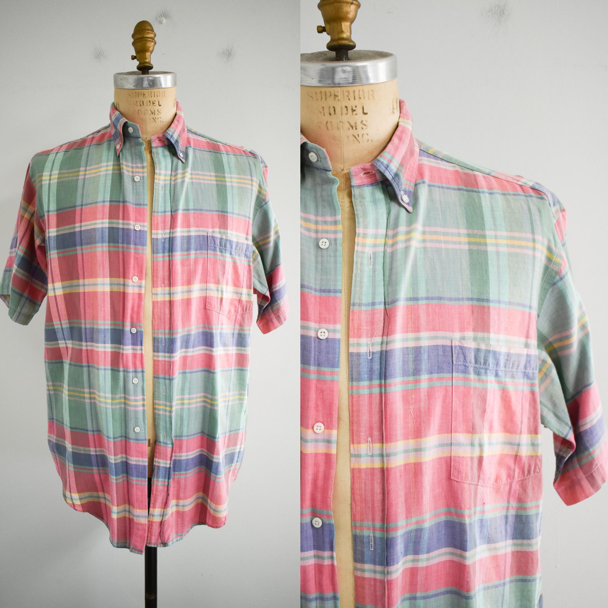 トップス 70s Arrow madras check cotton shirt y2k Vintage 1970s Arrow “Getaway” Madras Plaid Short Sleeve