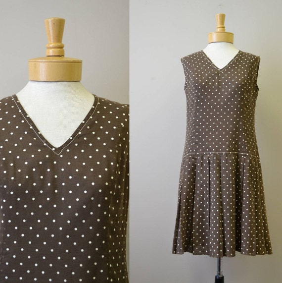 1960s California Girl Brown Polka Dot Drop Waist D