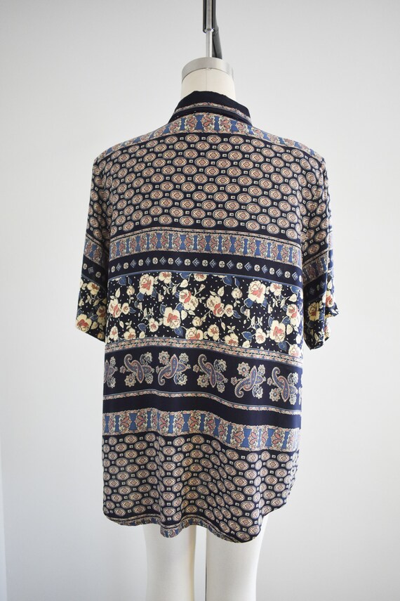 1980s Navy Printed Rayon Blouse - image 5