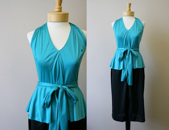 1970s Green and Black Halter Dress