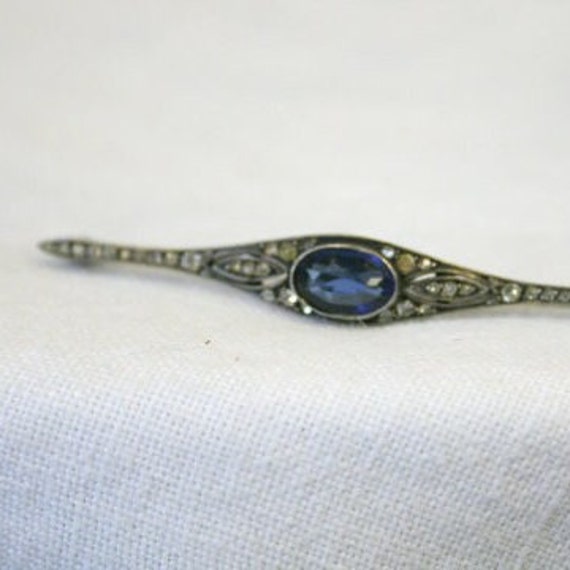 Victorian Sterling Bar Brooch with Blue Stone - image 1