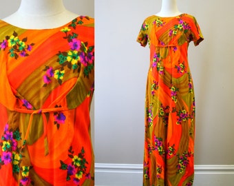 1960s McInerny Orange Floral Hawaiian Maxi Dress