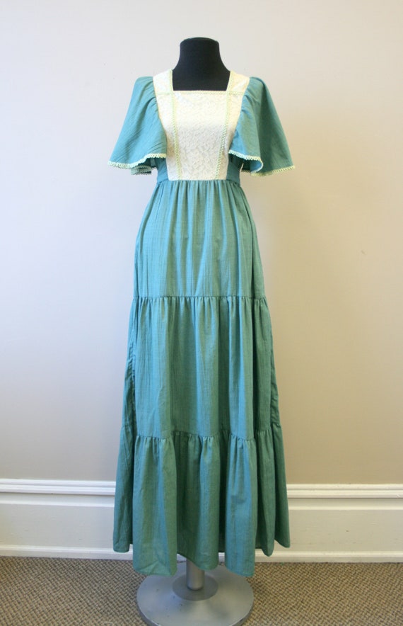 1970s Peggy Barker Green Prairie Maxi Dress - image 3