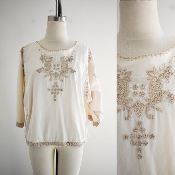 1980s Beige Blouse with Embroidery and Crochet Tr… - image 1